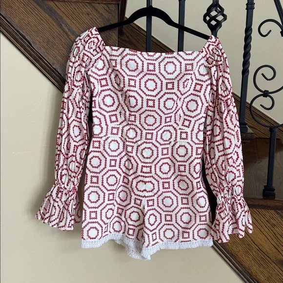 Alexis embroidered white red ruffle sleeve fringe hem red romper size small s - Picture 2 of 7